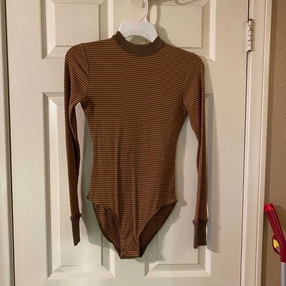 Brown striped long sleeve one piece.